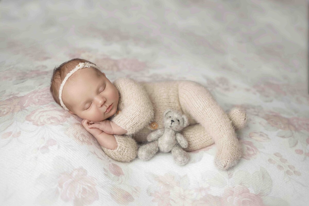 Newborn Pink Girl Studio Newborn Teddy Bear Floral Sleeping Luxury Newborn Photography - Lana Stewart Puyallup