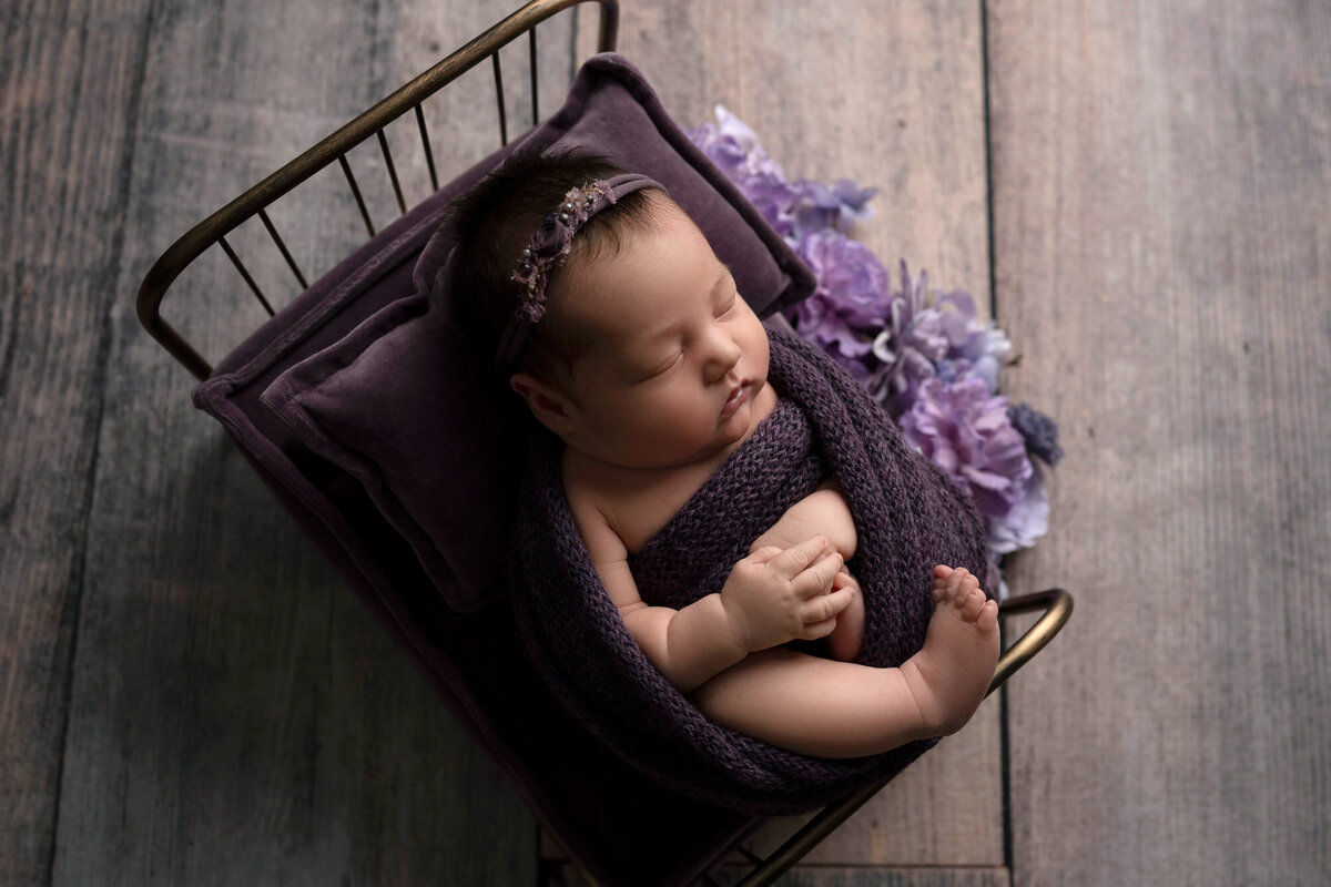 Newborn baby purple wrap tiny bed Cedar Park professional photographer