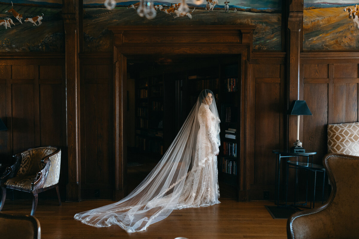 Editorial-style portrait of a bride in her full length veil. The lighting is natural, with a painterly style reminiscent of old-world elegance.