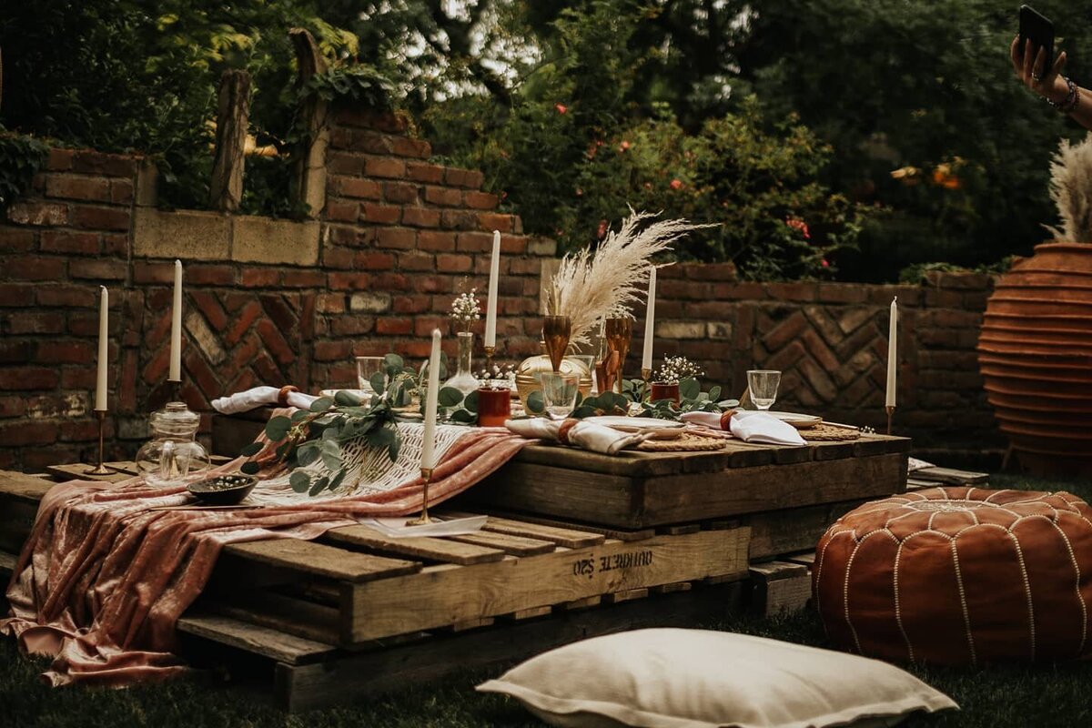 Boho chic elopement table setup at Hamstra Gardens in Wheatfield, IN