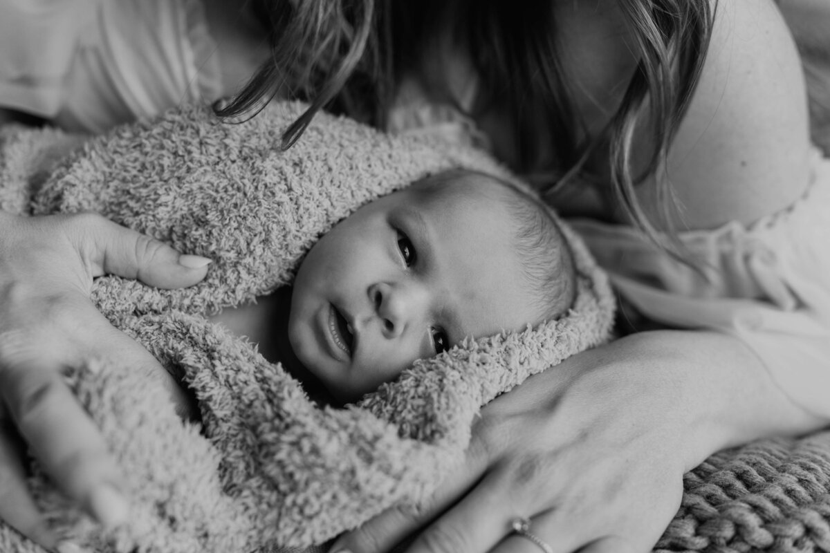 black and white fine art portrait of newborn baby boy from luxury denver photography studio