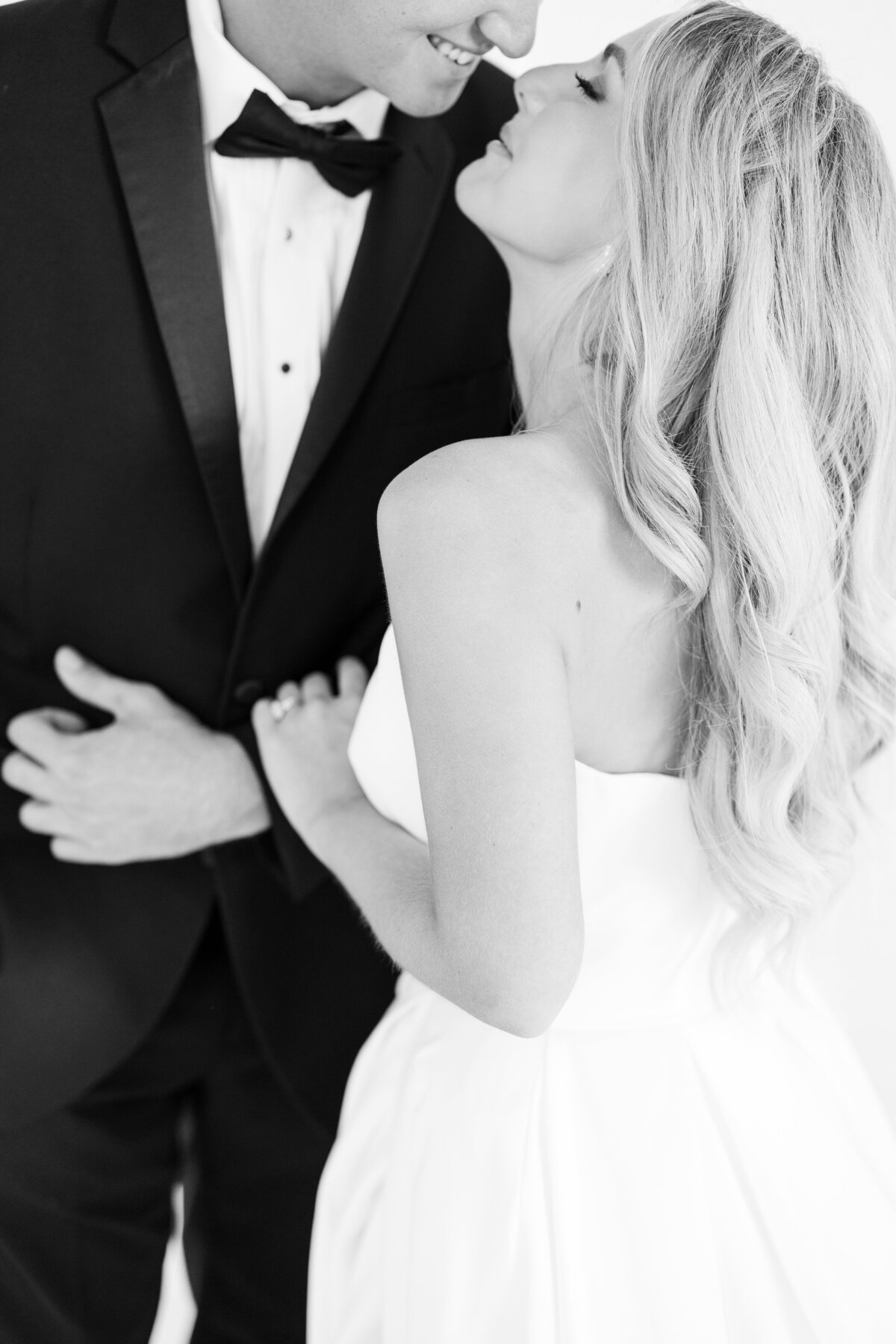 Black and white photo of bride and groom
