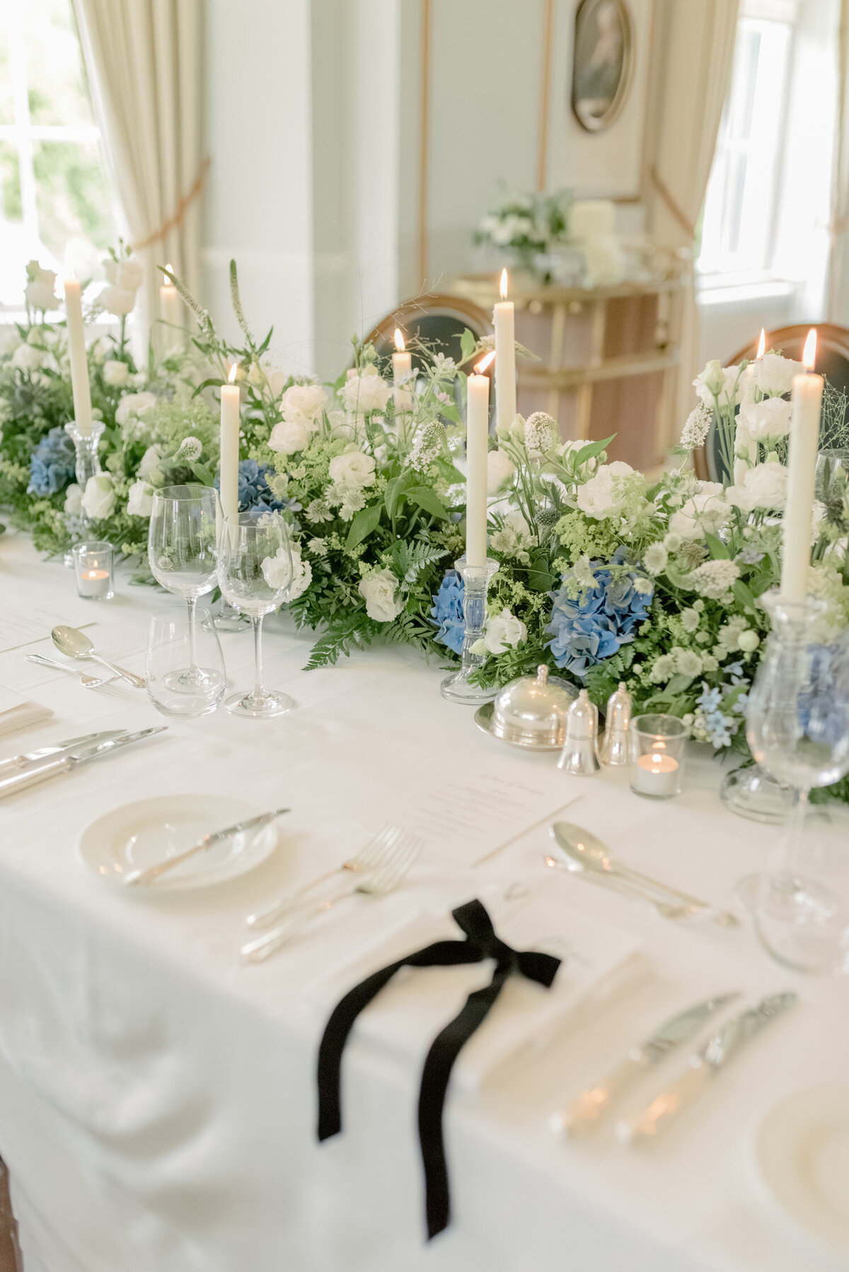 Wedding tablescape by Wild Burnett at Gleneagles on an intimate black tie wedding day. Image by luxury fine art wedding photographer, Jill Cherry Porter.