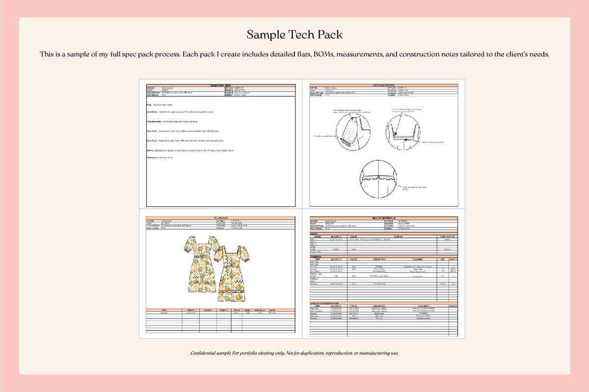 Apparel tech pack by Doreen Apparel displaying detailed flat sketches, measurement charts, and fit callouts for woven dress development and production handoff.