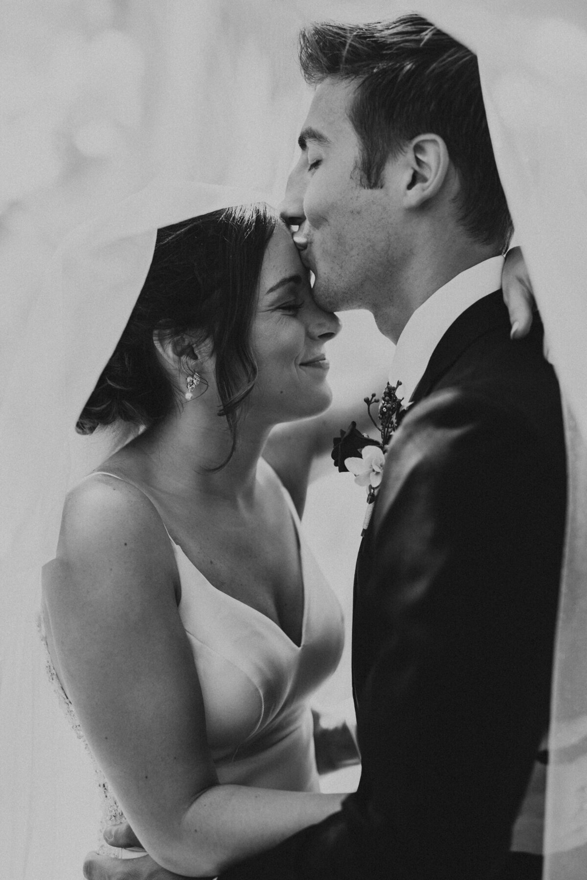 groom kisses brides forehead as they snuggle under the veil