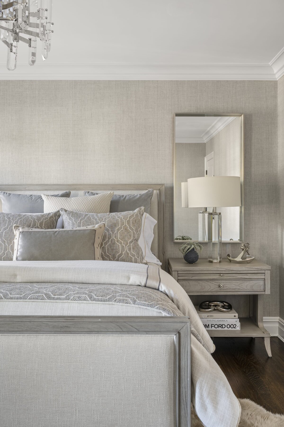 candra lynn interiors ocean port project neutral bedroom and sidetable with mirror