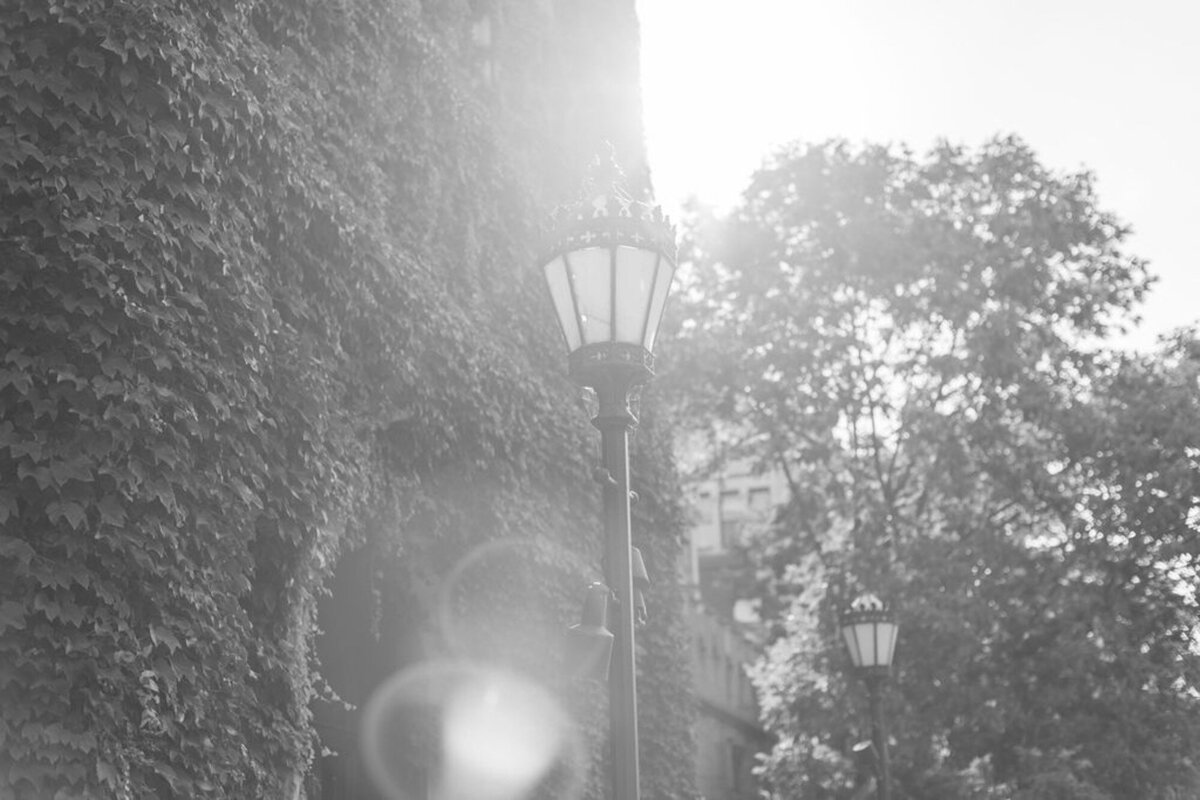 black and white photo of lamppost in downtown chicago