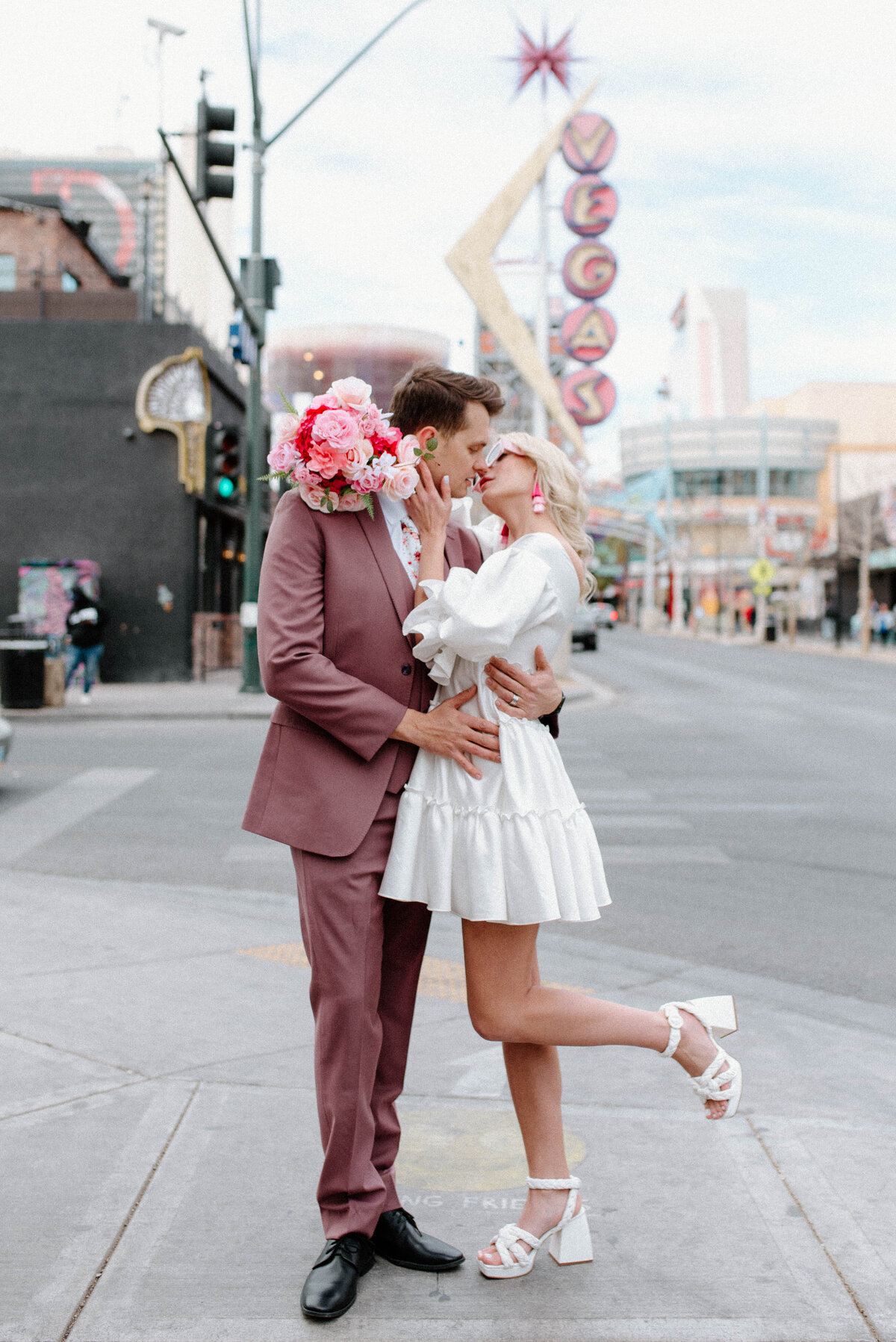 Elopement portraits on Freemont Street in Las Vegas