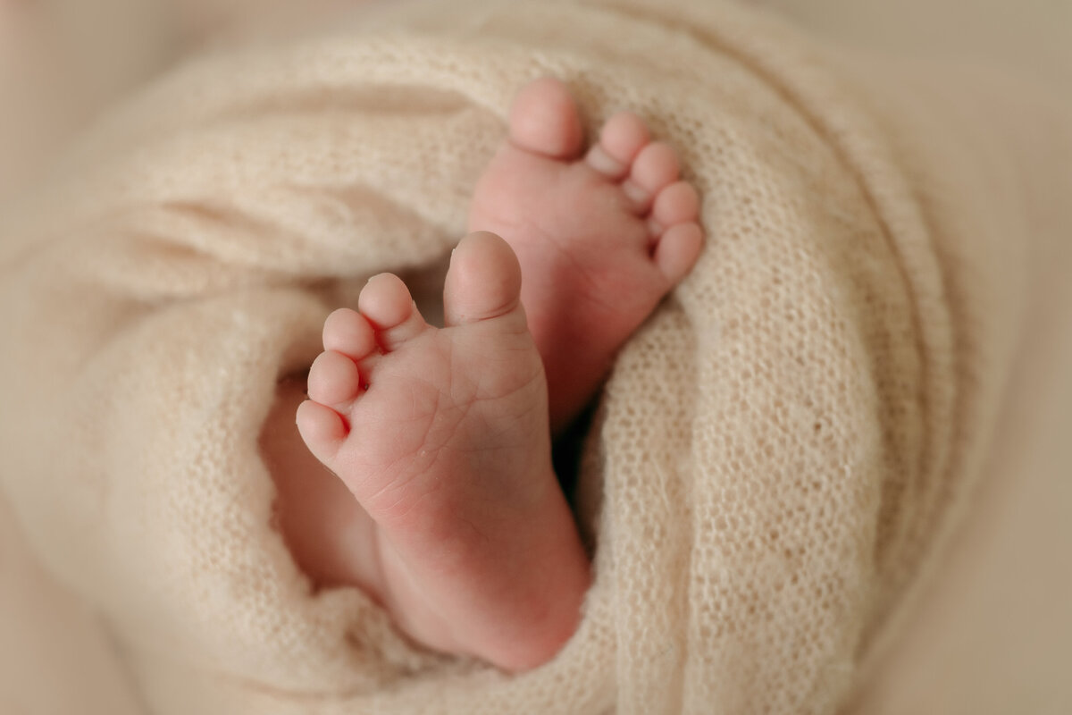 Newborn Photographer, a baby's feet pokes out of a soft blanket
