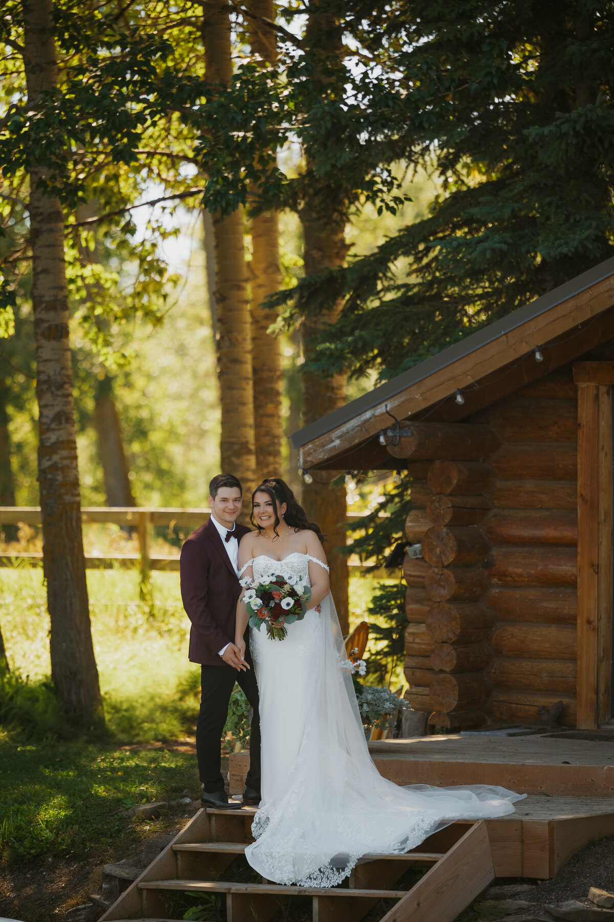 Wedding couple at sunset portraits Pine and pond wedding venue