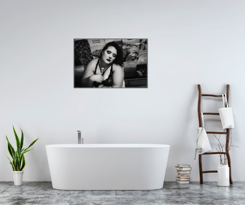 black and white boudoir photo above a white tub in Minneapolis MN