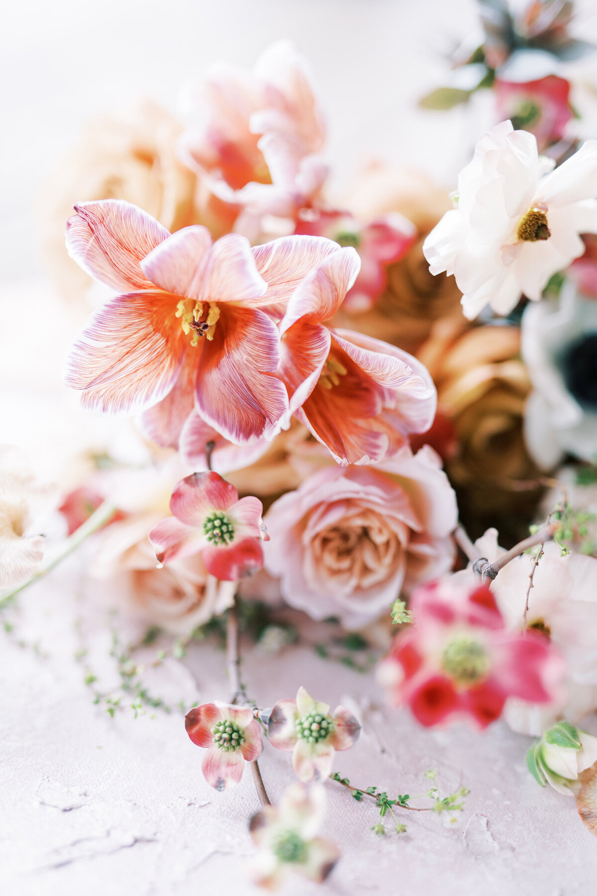 spring flowers closeup in bridal bouquet with dogwood, tulips and garden roses