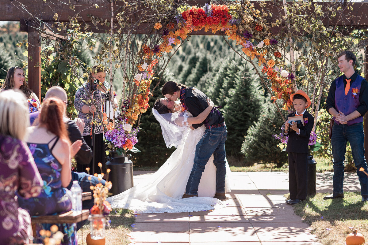 Romantic wedding couple portrait in garden