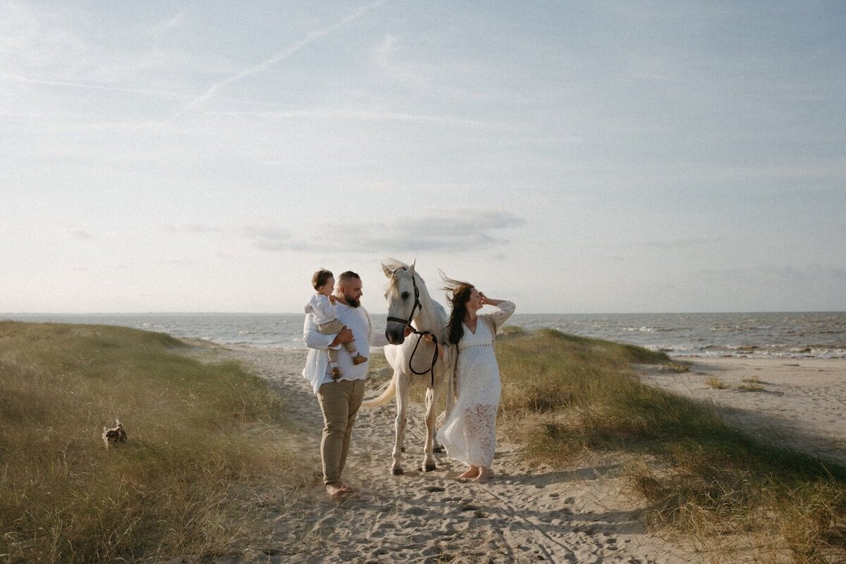 Famille en balade dans les dunes à la plage avec un cheval blanc, ambiance naturelle. Séance photo grossesse en Bretagne par Kamescop.
