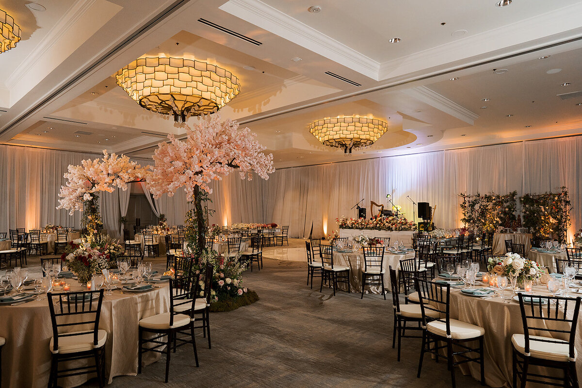 A wide photo of the ballroom reception at the Four Seasons