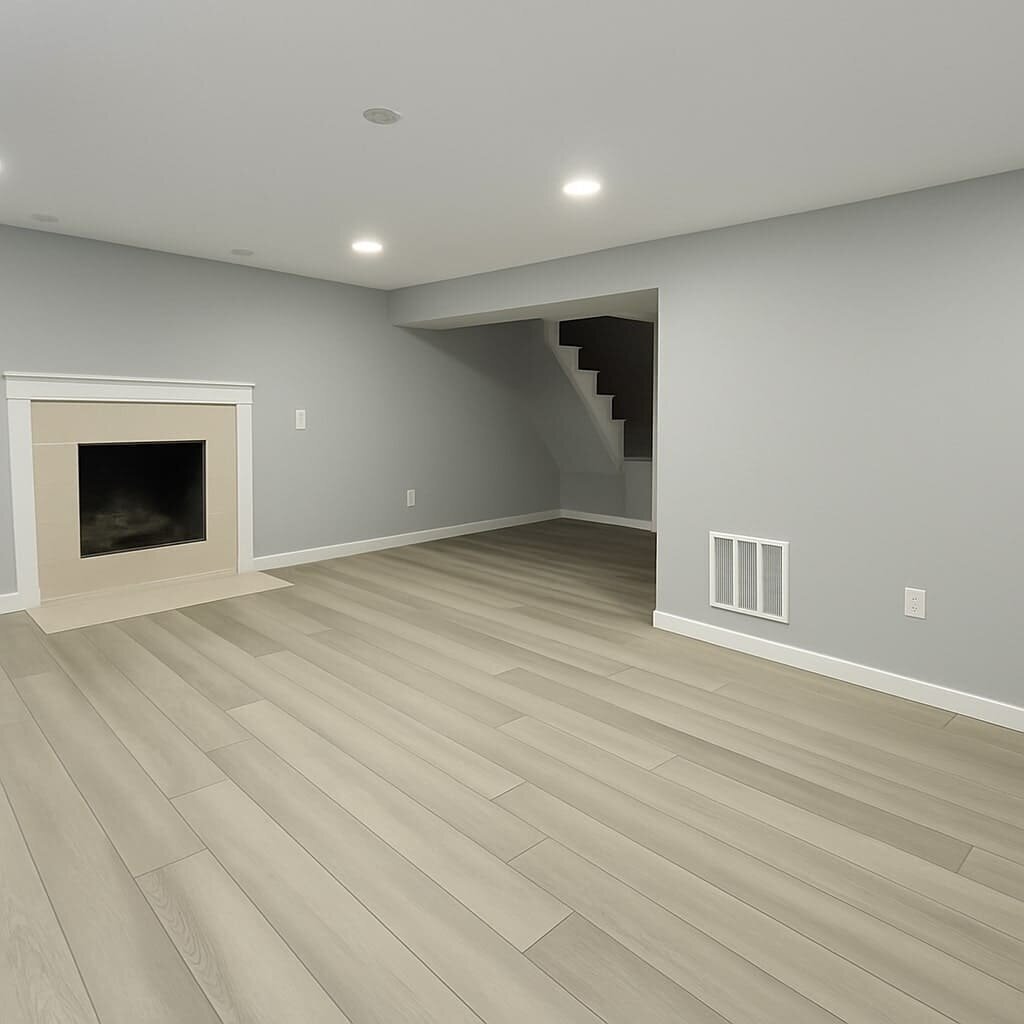 Contemporary basement remodel featuring warm wooden floors and built-in fire place.