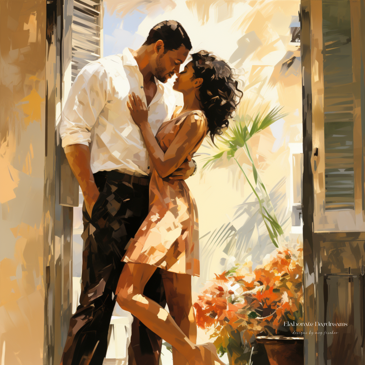 An illustrated picture of a cisgender couple embracing in a watercolor style