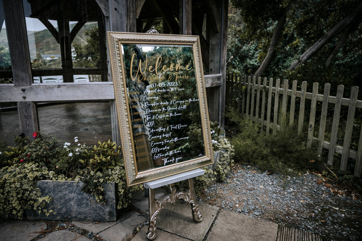 A large framed sign sitting on an ornate easel  in front of the summerhouse