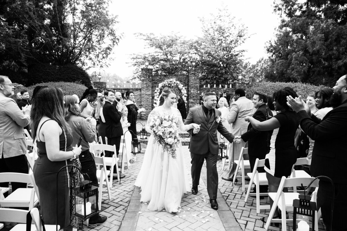 Carl-House-Wedding-Bride-and-Groom-Outdoor-Recessional-Black-White
