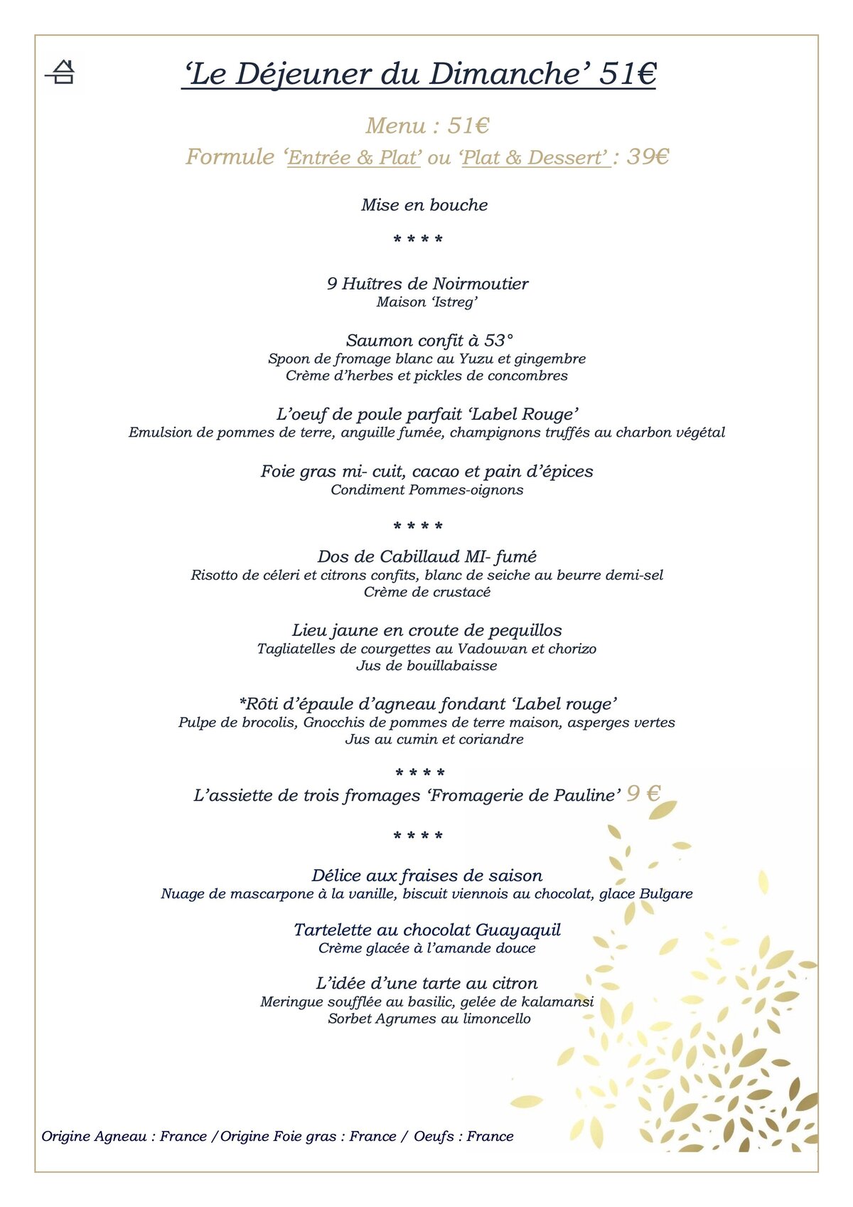 Carte du déjeuner le dimanche au restaurant l'ételle à Noirmoutier