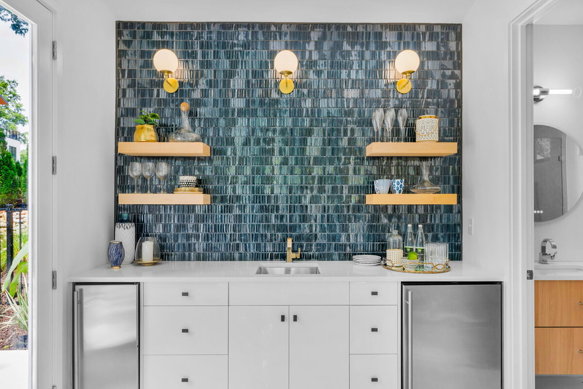 blue tile backsplash designed by Gracious Home Interiors