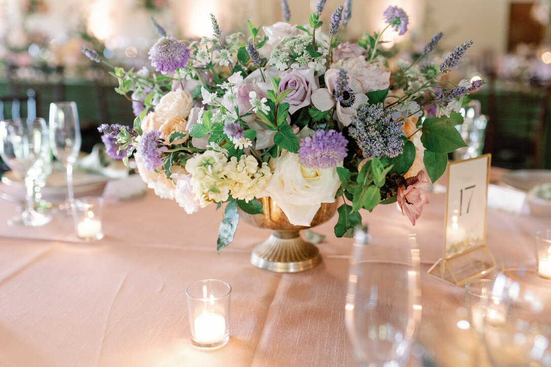 low centerpiece, candle light, pastel arrangement, gold footed dish, garden,