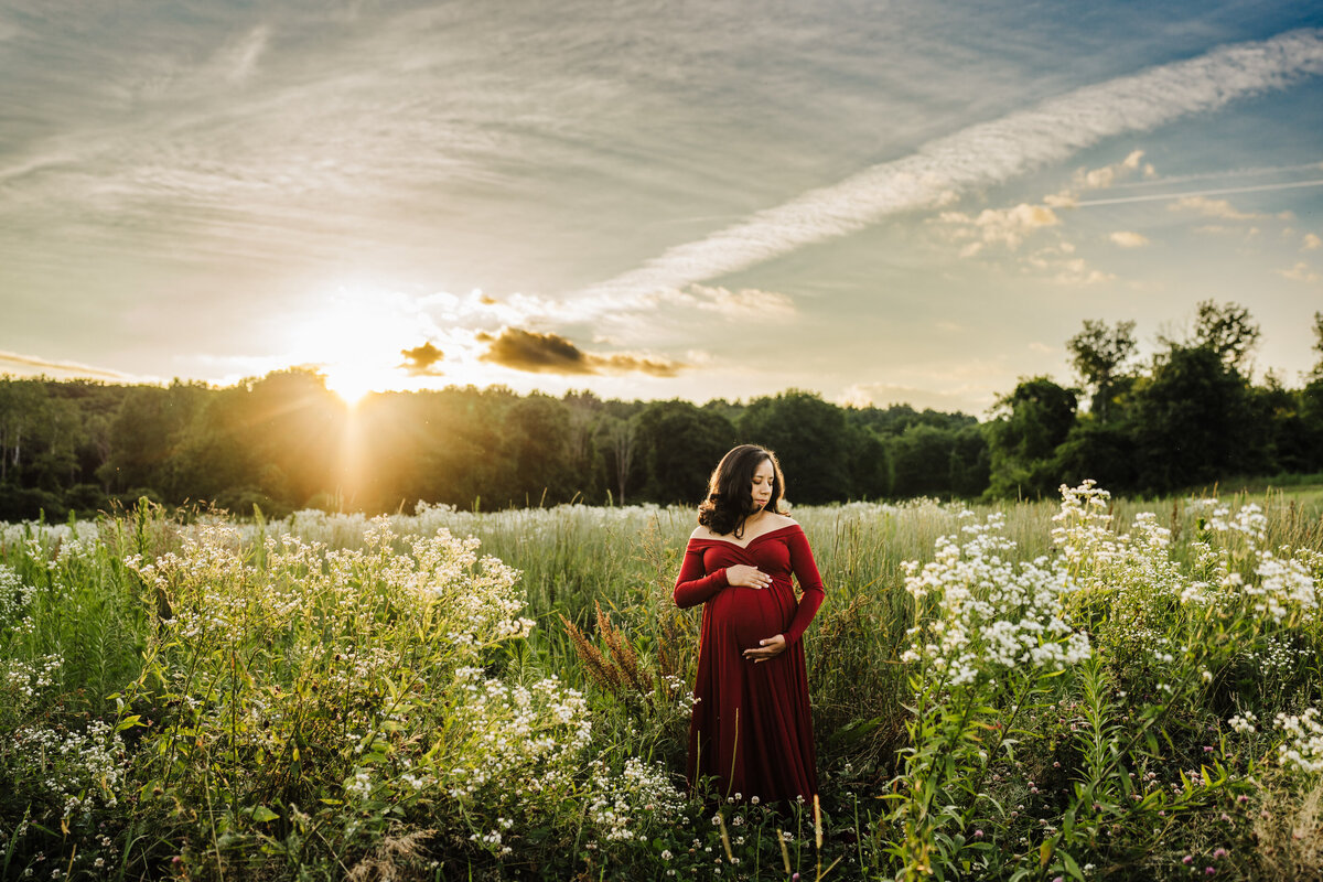 pregnant mother stands in wildflower field in boston at sunset