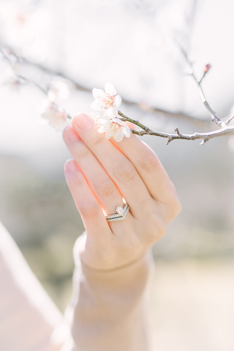 梅の花に触れている手に、美しいエンゲージメントと結婚指輪が輝いている。