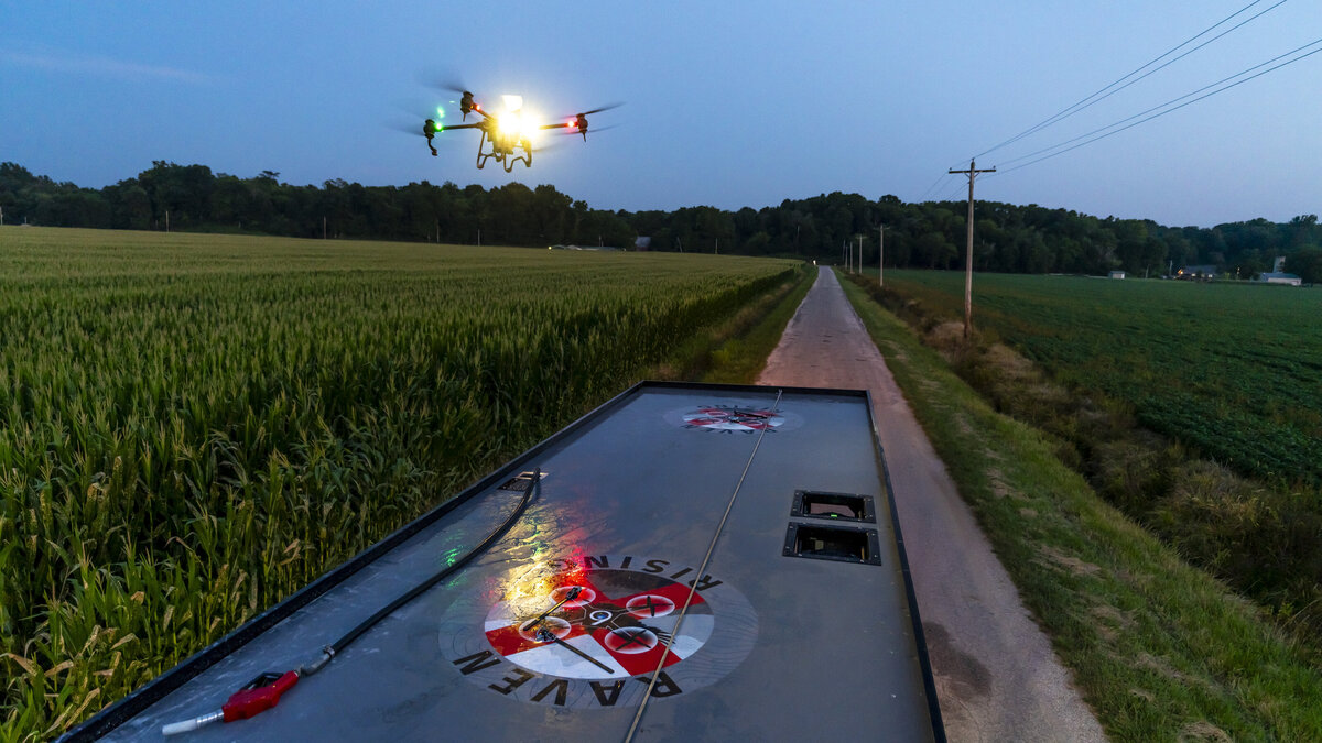 Twilight landing with  Ag drones and Raven 6 Rising