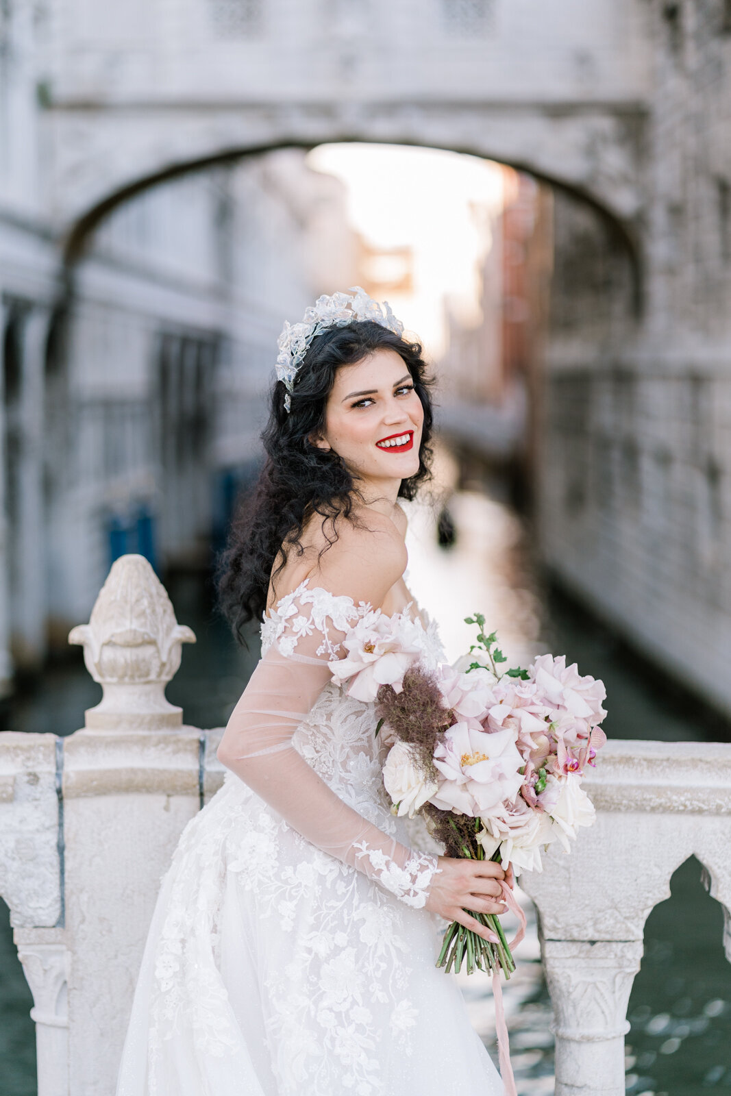 bride wearing a galia lahav dress in Venice 