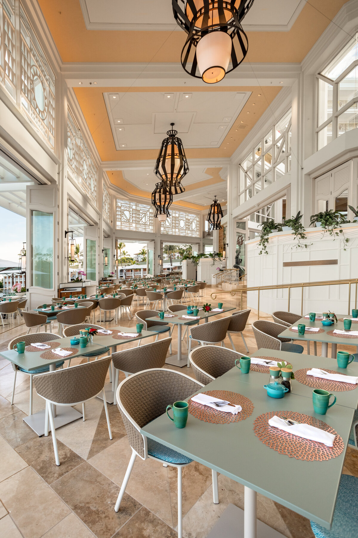 The interior view of the 'Ikena restaurant at the Grand Wailea. Full dining room. Shown empty to show the full scope of the space.