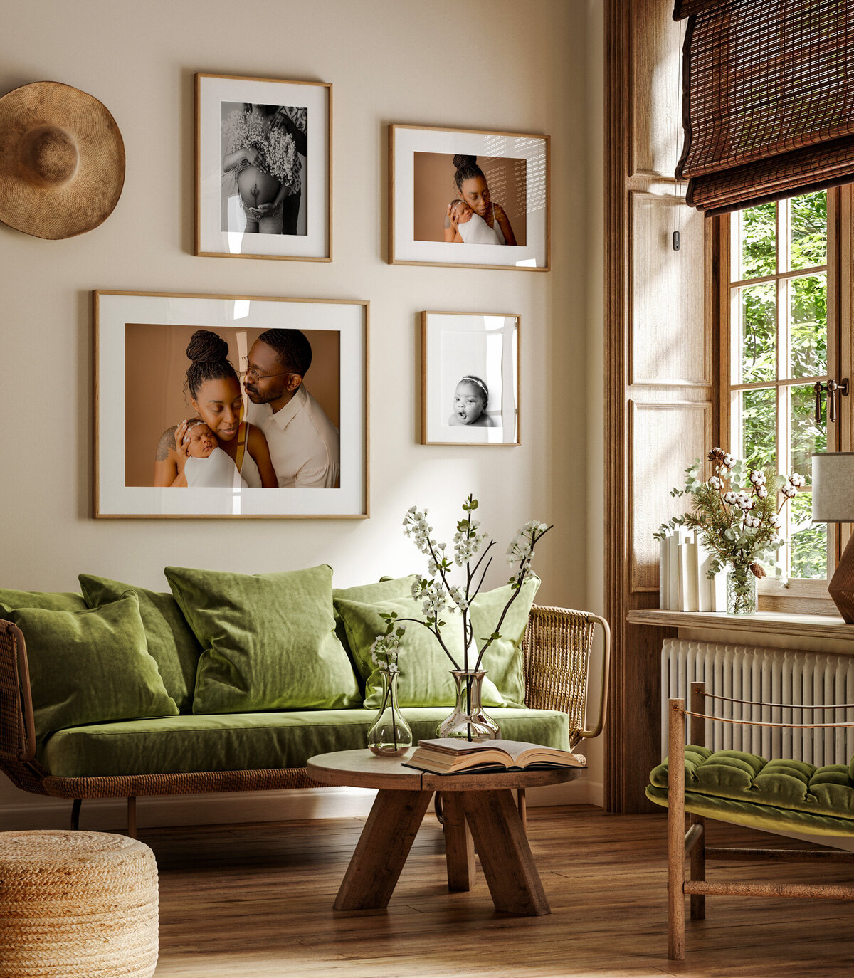 newborn portraits framed and displayed throughout a home