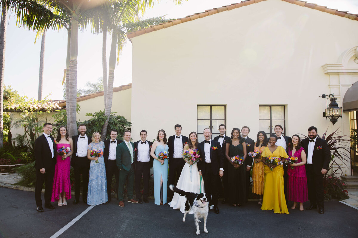 Wedding party in colorful dresses for a wedding in Santa Monica