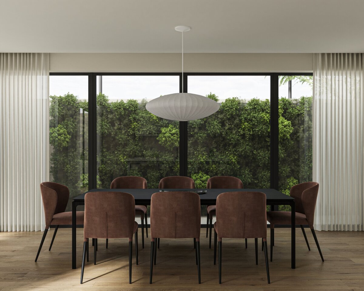 minimalistic dining room design with large windows