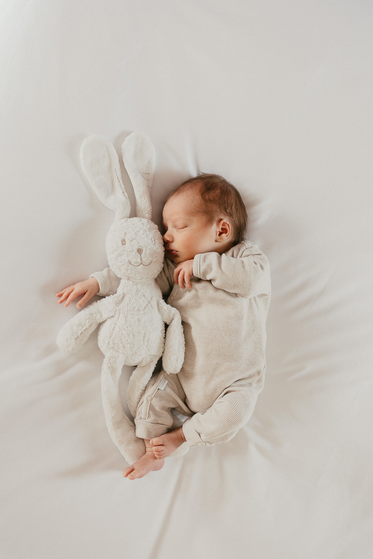 Fotoshoot newborn baby knuffel bed