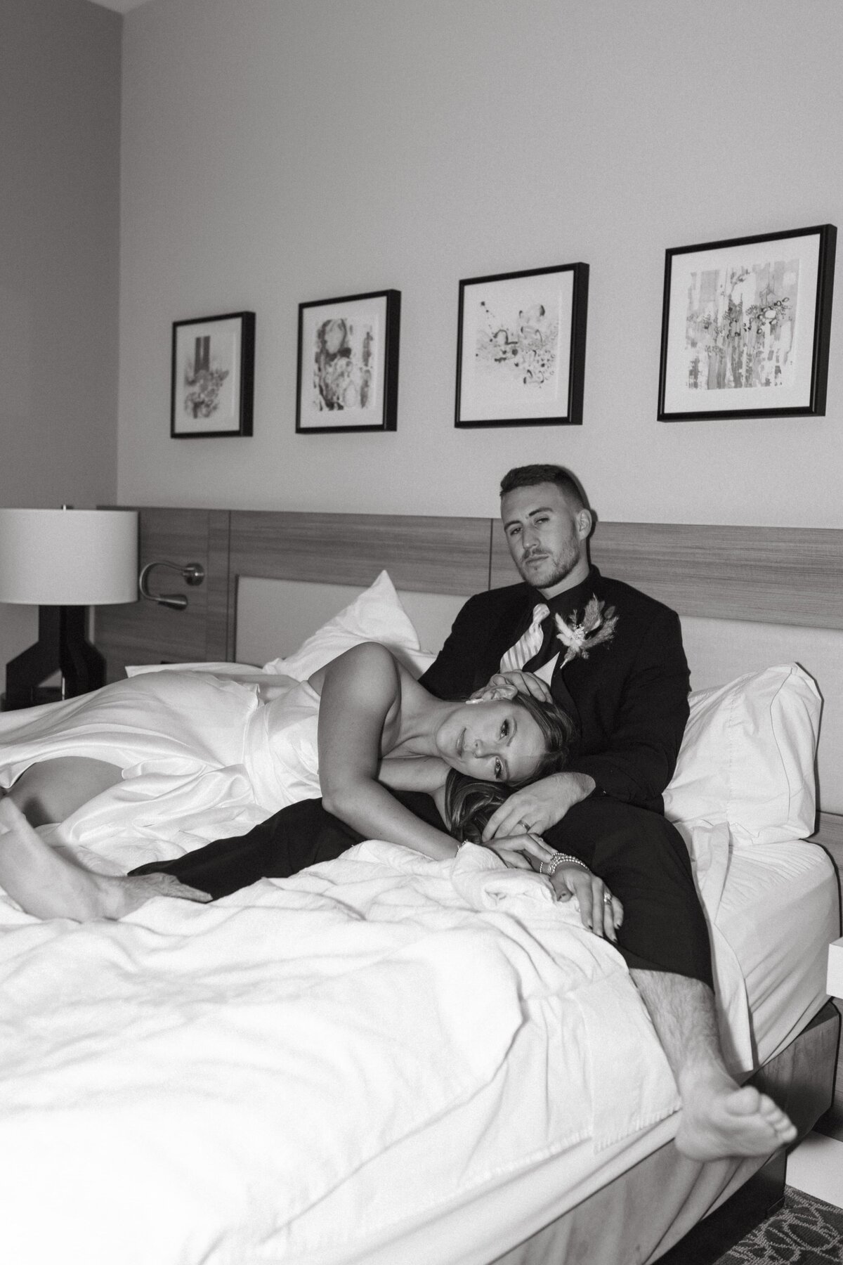 editorial bride and groom in hotel