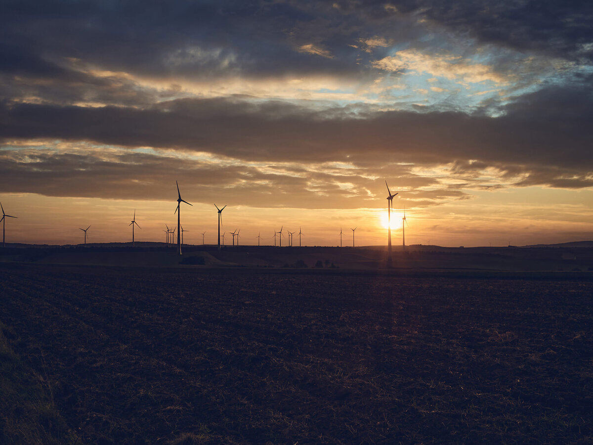 Sonnenuntergang über Windkraftanlagen im Weinviertel – moderne Energie trifft auf weite Feldlandschaft, fotografiert vom Fotograf Atelier Schulte – professionelle Landschaftsfotografie mit technischer Ästhetik.