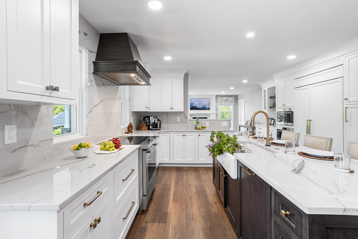 white kitchen with dark wood accents