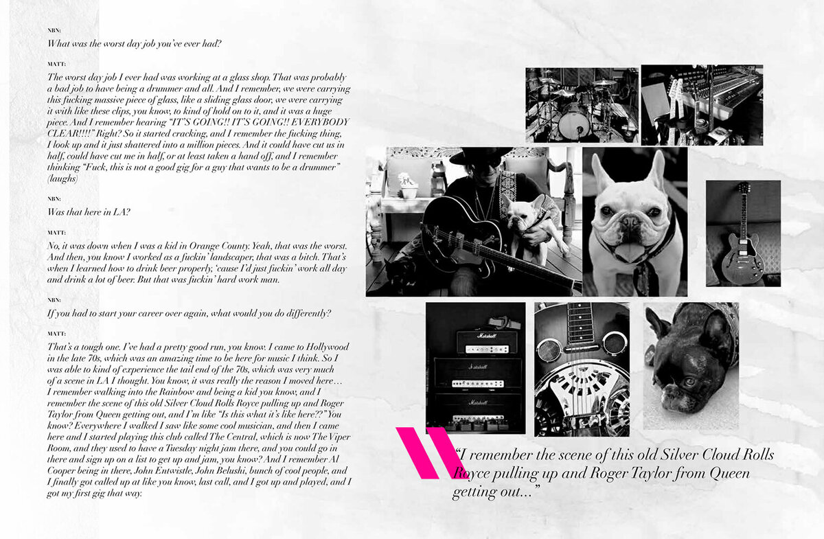 Magazine article Nothing Before Noon featuring Matt Sorum black and white collage with dogs and guitars