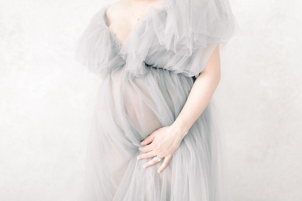 Pregnancy portrait of a maternity client wearing a tulle maternity gown holding her belly in a photo studio located in Las Vegas ND