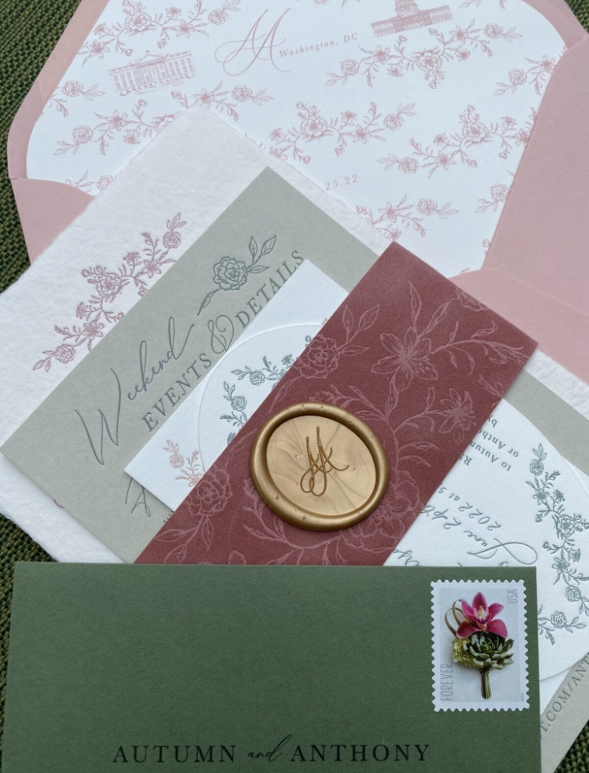 Wedding envelope and invitation with custom calligraphy and seal wax