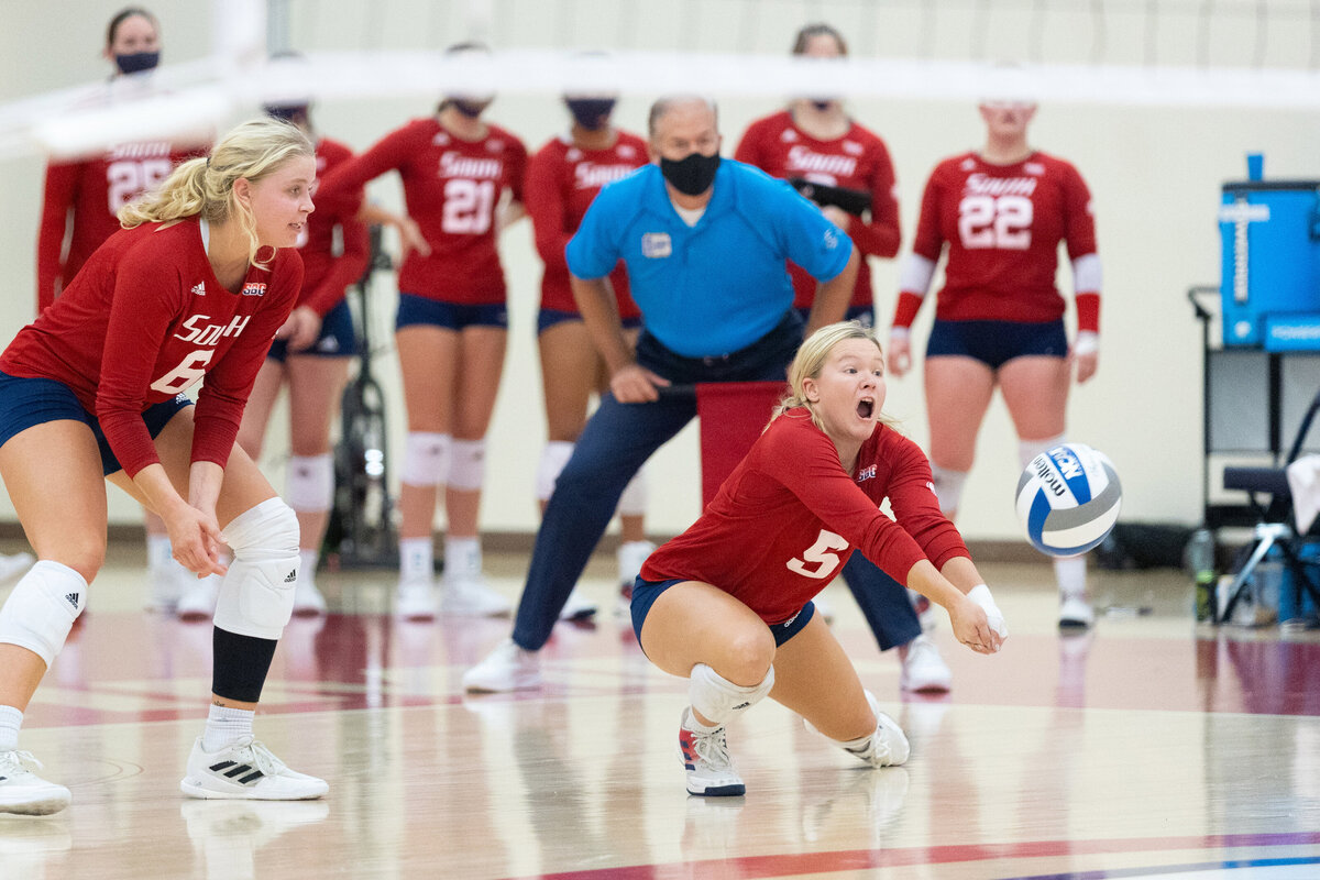 South Alabama's Paige Lynn digs a ball during a match in the Jag Gym in Mobile, Alabama.