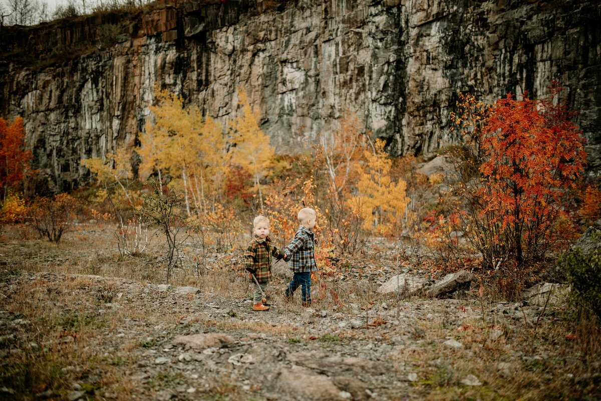 Two toddler boys wearing coordinating flannels walking through Quarry Park in Duluth, Minnesota during Fall family photos.