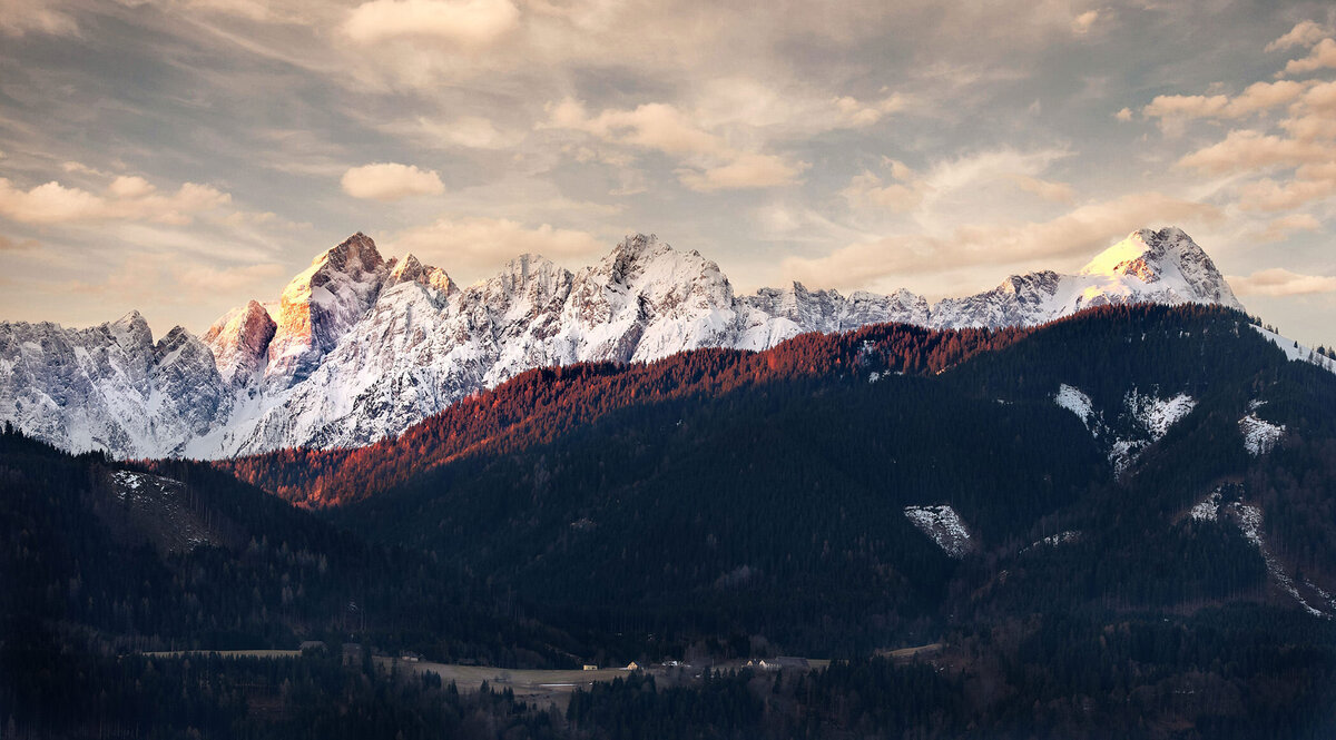 Verschneite Nadelbäume im sanften Morgenlicht mit besonderer Lichtstimmung – professionelle Landschaftsfotografie der Karawanken aus Kärnten vom Fotograf Atelier Schulte, Spezialist für Alpenlandschaften
