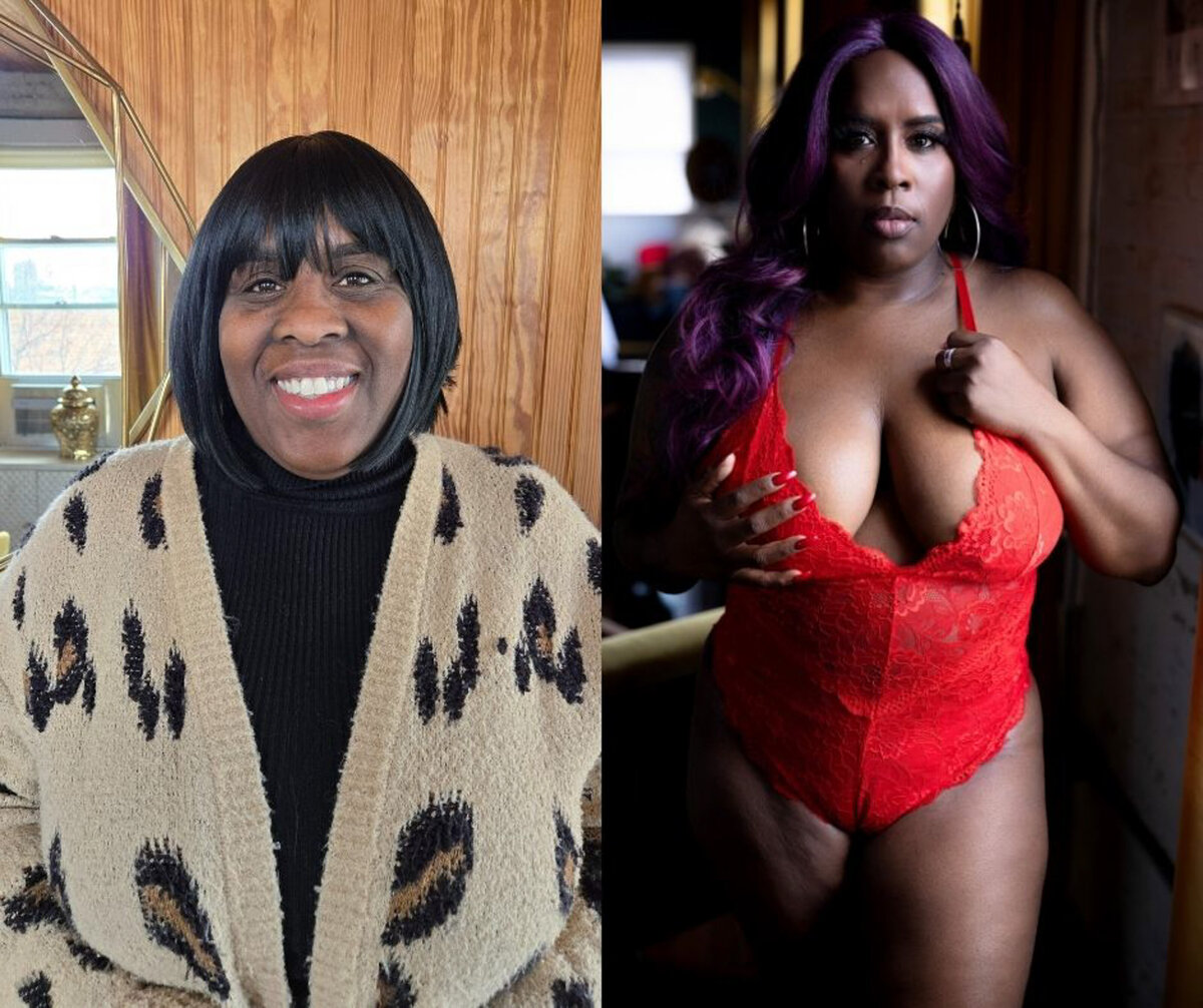 A woman smiles while wearing a black and tan sweater next. to her in the studio in red lace one piece lingerie