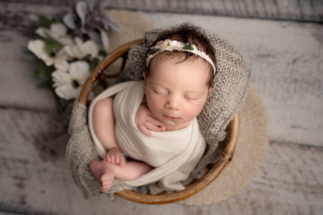 Grand Rapids Newborn Photography Baby Wrapped in Basket by For the Love of Photography