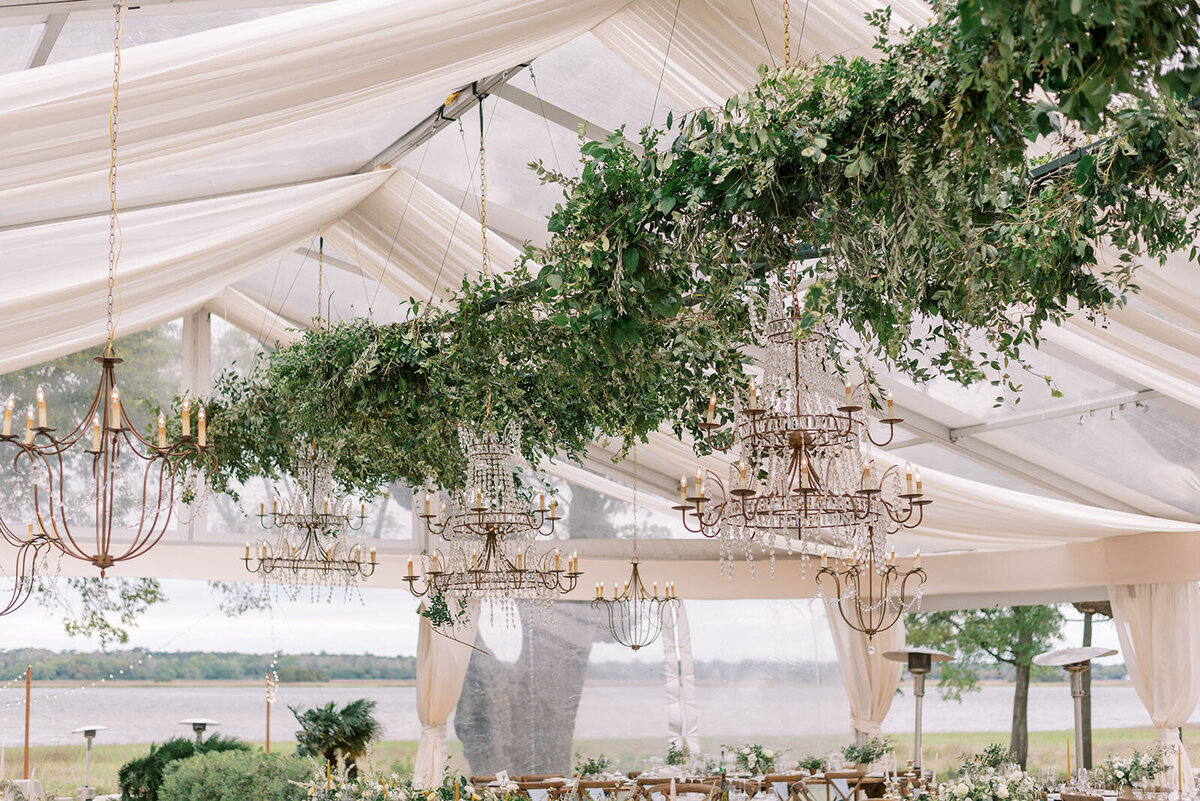 luxury greenery and chandelier wedding display