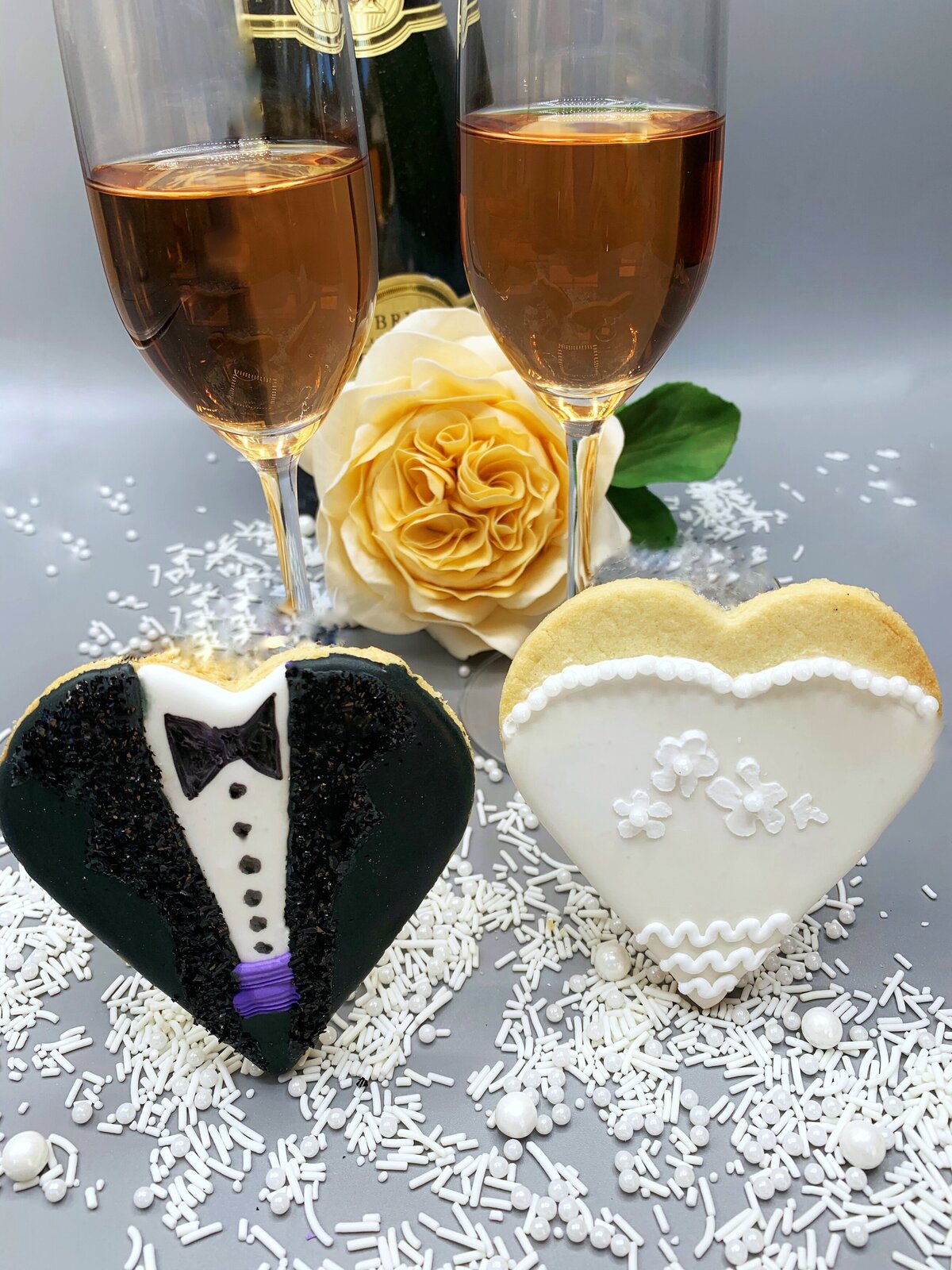 Bridal dress and groom's tuxedo decorated cookies