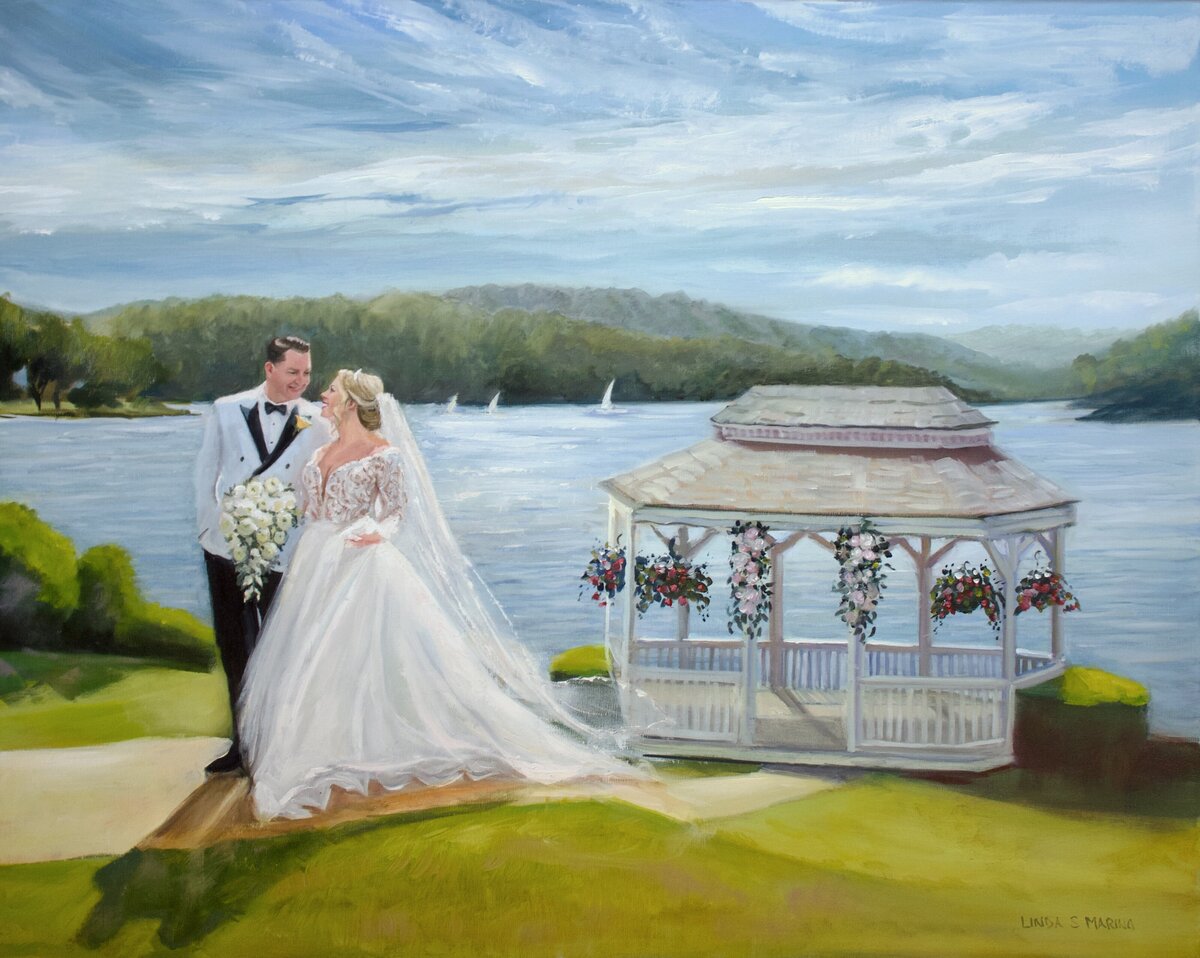 live wedding painting of bride and groom exiting the outdoor ceremony at Candlewood Inn in Brookfield, CT