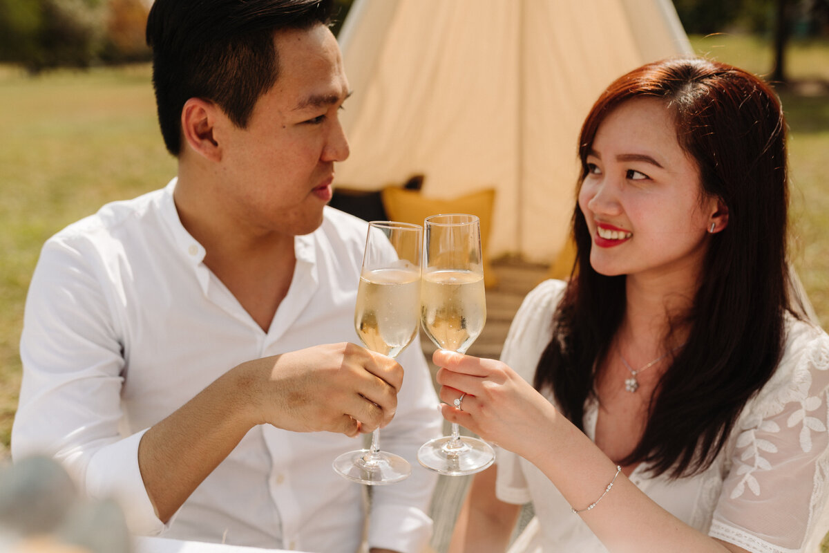 Unique proposal ideas couple clinking glasses of champagne in front of lake